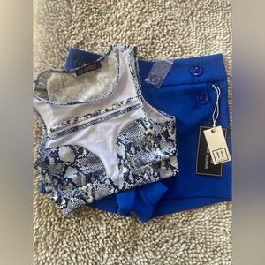 Exotic Pole Dance Outfit. Royal blue booty shorts & blue snakeskin pattern bra S